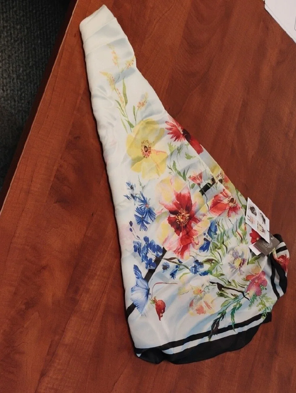 Vince Camuto White Satin Scarf with Red and Green Floral Print